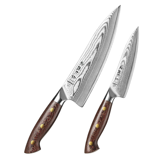 HEZHEN 2-Piece Damascus Steel Knife Set with  High-Carbon 67-Layer Damascus Steel Utility Knife and Chef Knife For Meat Vegetables Fruits and Daily Meal Prep
