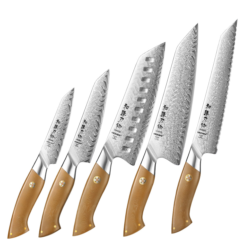 HEZHEN Multi-Scenario 5-in-1 Damascus Knife Set, 67 Layers Damascus Super Steel,Ultra-Sharp Forged Blade Knives for Meat, Vegetable, Fruit and Bread Cutting, Elegant Gift Box Packaging