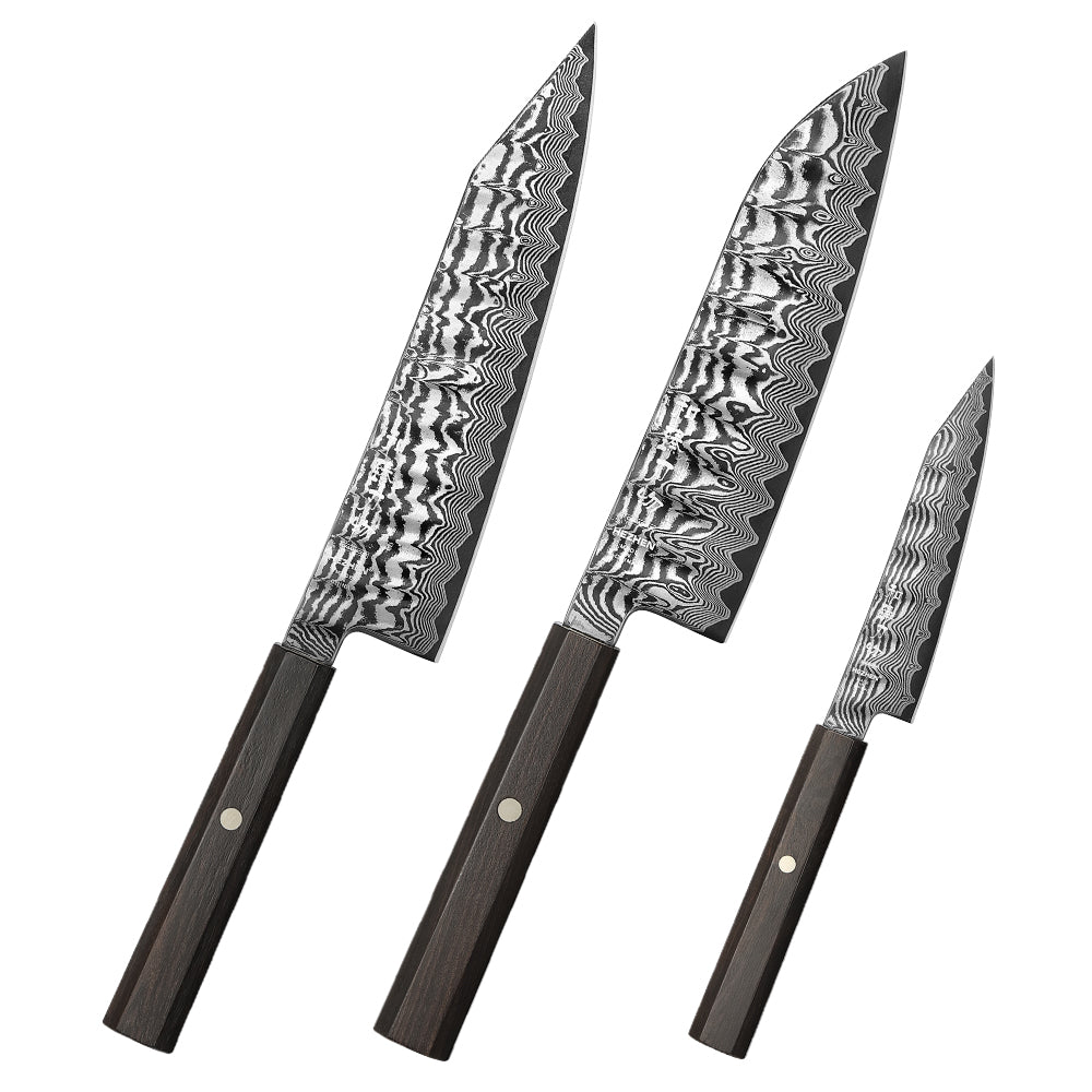HEZHEN 3PCS Damascus Kitchen Knife Set, Utility + Santoku + Bunka Knife, 10Cr15CoMoV Steel Core, Unique Wavy Hammered Pattern