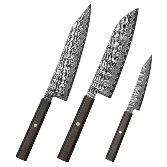 HEZHEN 3PCS Damascus Kitchen Knife Set, Utility + Santoku + Bunka Knife, 10Cr15CoMoV Steel Core, Unique Wavy Hammered Pattern