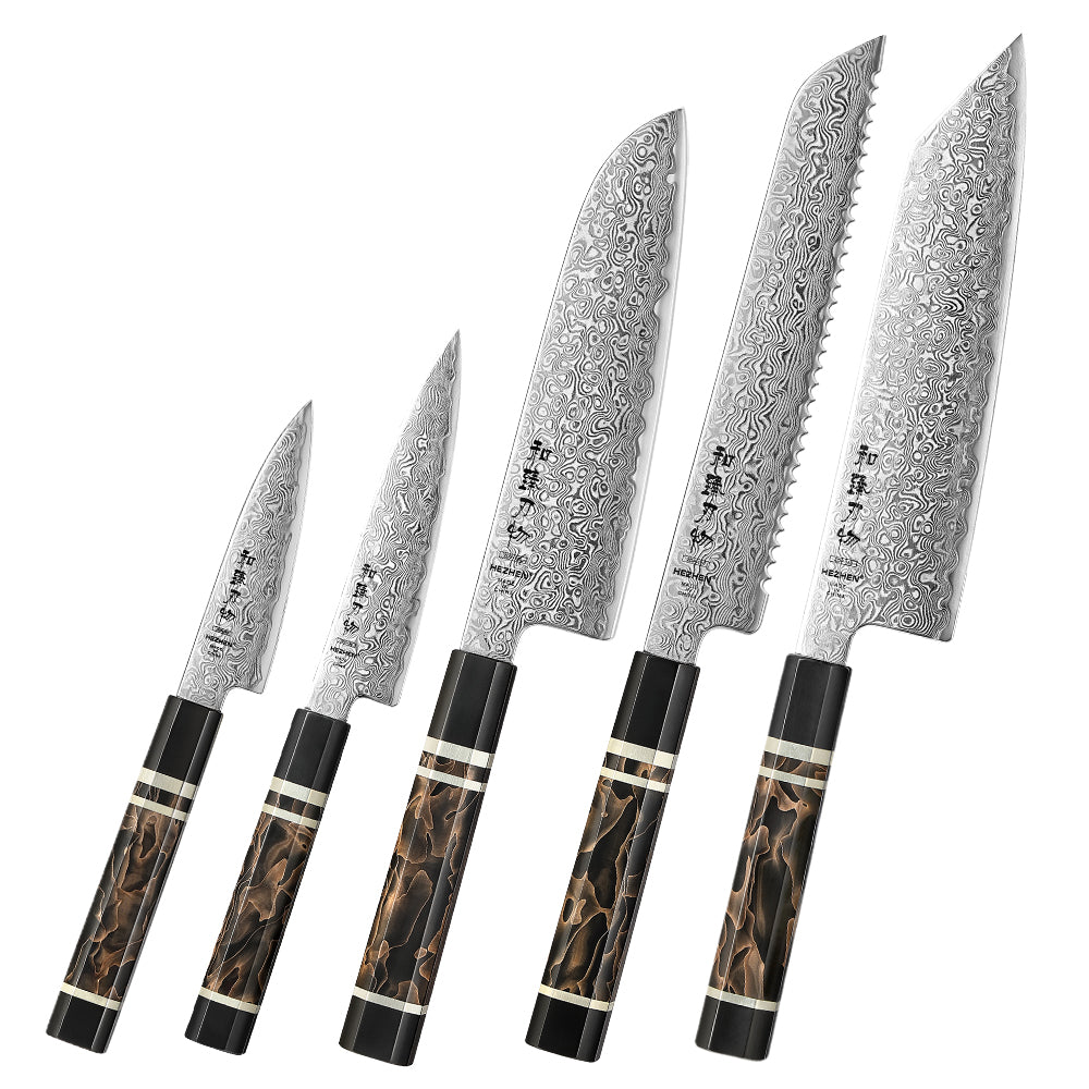 HEZHEN 5-Piece Damascus Knife Set – Paring, Utility, Santoku, Bunka & Bread Knife, 49-Layer ZDP-189 Steel,  Gift Box