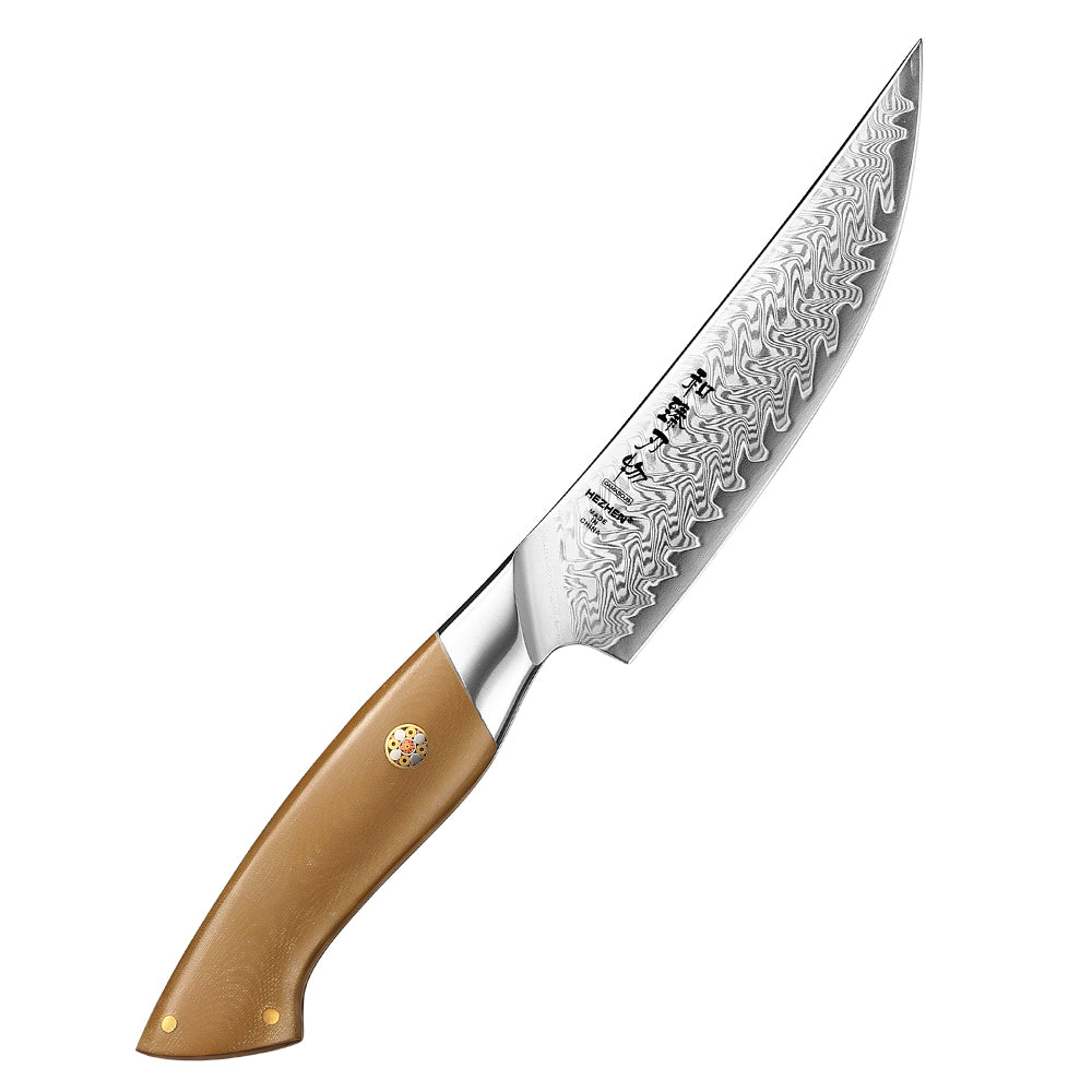 HEZHEN 67-Layer Damascus Steel 5.4”Steak Knife, 10Cr15CoMoV Steel Core Kitchen Knife, Ergonomic Linen Micarta Handle,Multipurpose Cutting Knife for Steak, Fruit, Barbecue
