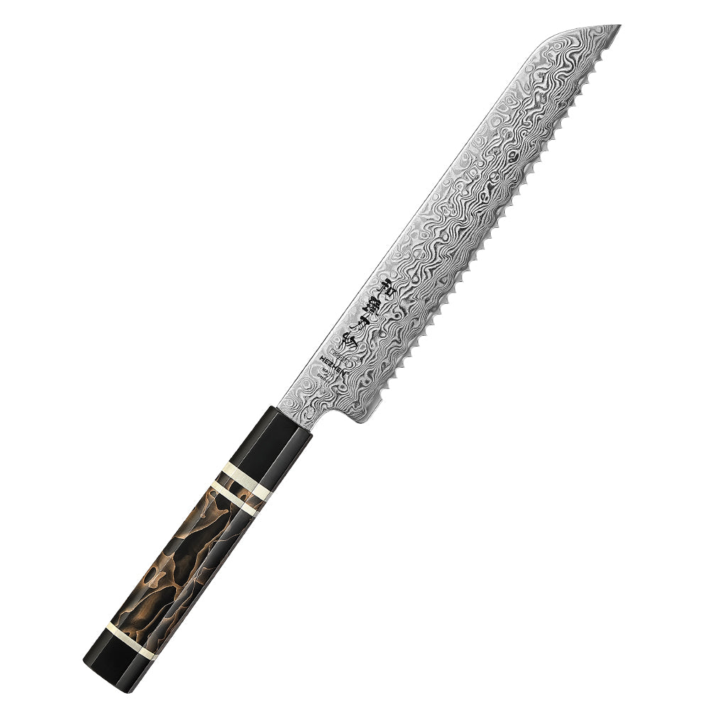 HEZHEN 8.3 Inch Serrated Bread Knife 49-Layer Hitachi ZDP-189 Damascus Steel, Japanese Octagonal Ergonomic Resin Handle