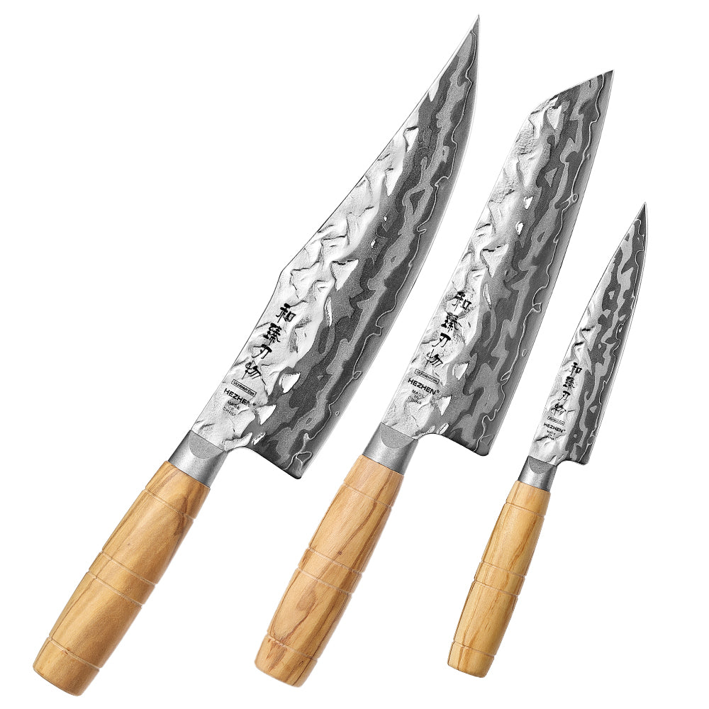 HEZHEN 3PCS Forged Damascus Knife Set, 12Cr18MoV Steel Core, Premium Olive Wood Handle with Copper Rivet, Home Cooking