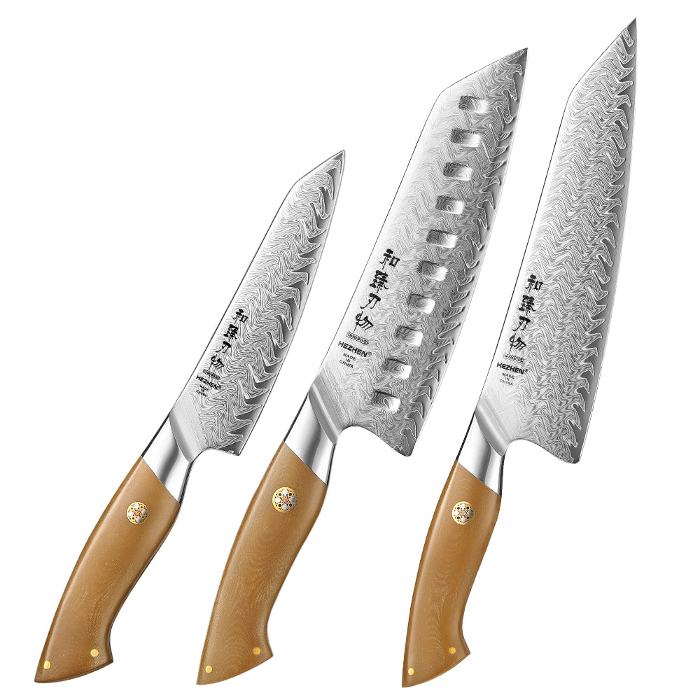 HEZHEN 3PCS Damascus Kitchen Knife Collection, Chef + Santoku + Utility Knives, Complete Home Prep Knife Set, 67-Layer Forged Steel & Linen Micarta Handle