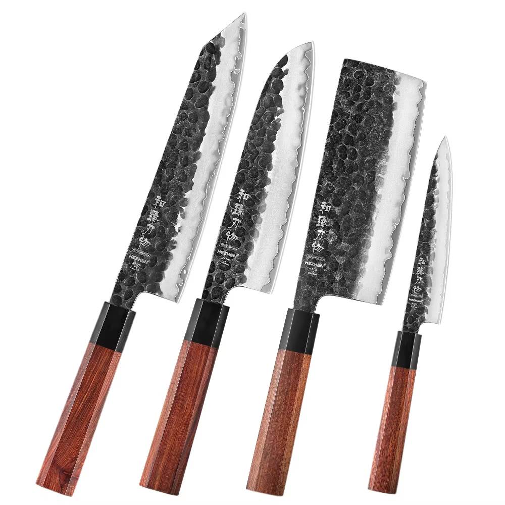 HEZHEN 4PC Kitchen Knife Set Slicing Stainless Steel Composite Steel Chef Santoku Nakiri Utility Rosewood Handle Gift Box