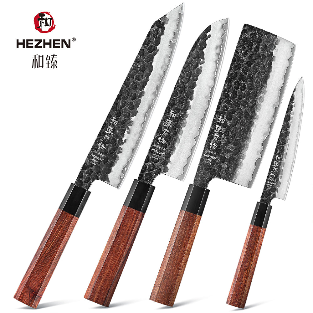 HEZHEN 4PC Kitchen Knife Set Slicing Stainless Steel Composite Steel Chef Santoku Nakiri Utility Rosewood Handle Gift Box