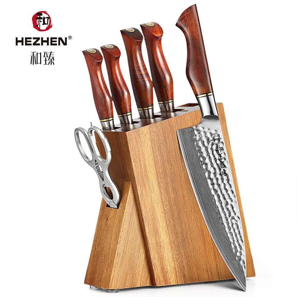HEZHEN 7PC Knife Set Damascus Steel Chef Bread Utility Santoku Paring Cake Cook Knife For Meat Professional Kitchen Knife Set