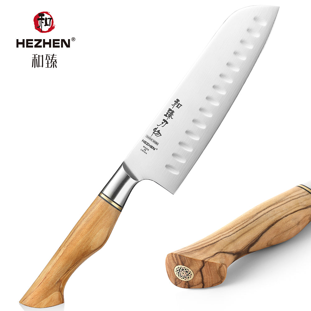 HEZHEN 7 Inches Santoku Knife Sandvik Stainless Steel Olive Wood Handle Slicing Kitchen Knife For Meat Cooking Tools Gift Box