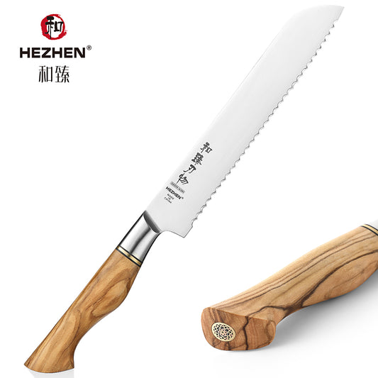 HEZHEN 8.5 Inches Bread Knife Sandvik Stainless Steel Olive Wood Handle Kitchen Knives Sliced Watermelon Cooking Tools Gift Box