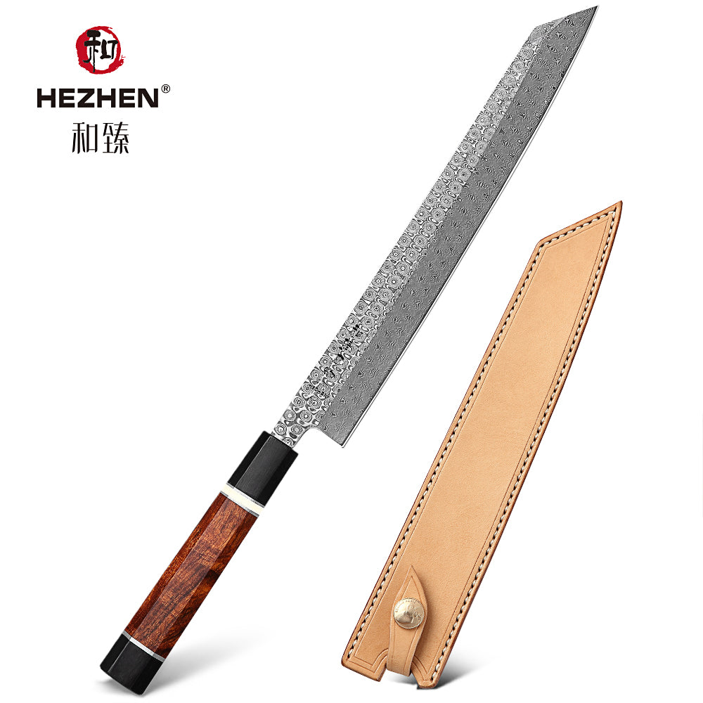 HEZHEN Retro 270mm Bunka Knife Damascus Steel Sushi Japanese Filletting Kitchen Tool Sharp Salmon Cooking Chef Leather Sheath