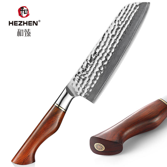 HEZHEN 7 Inches Santoku Knife 73 Layers Powder Steel Damascus Steel Natural Rosewood Handle Kitchen Cook Accessories