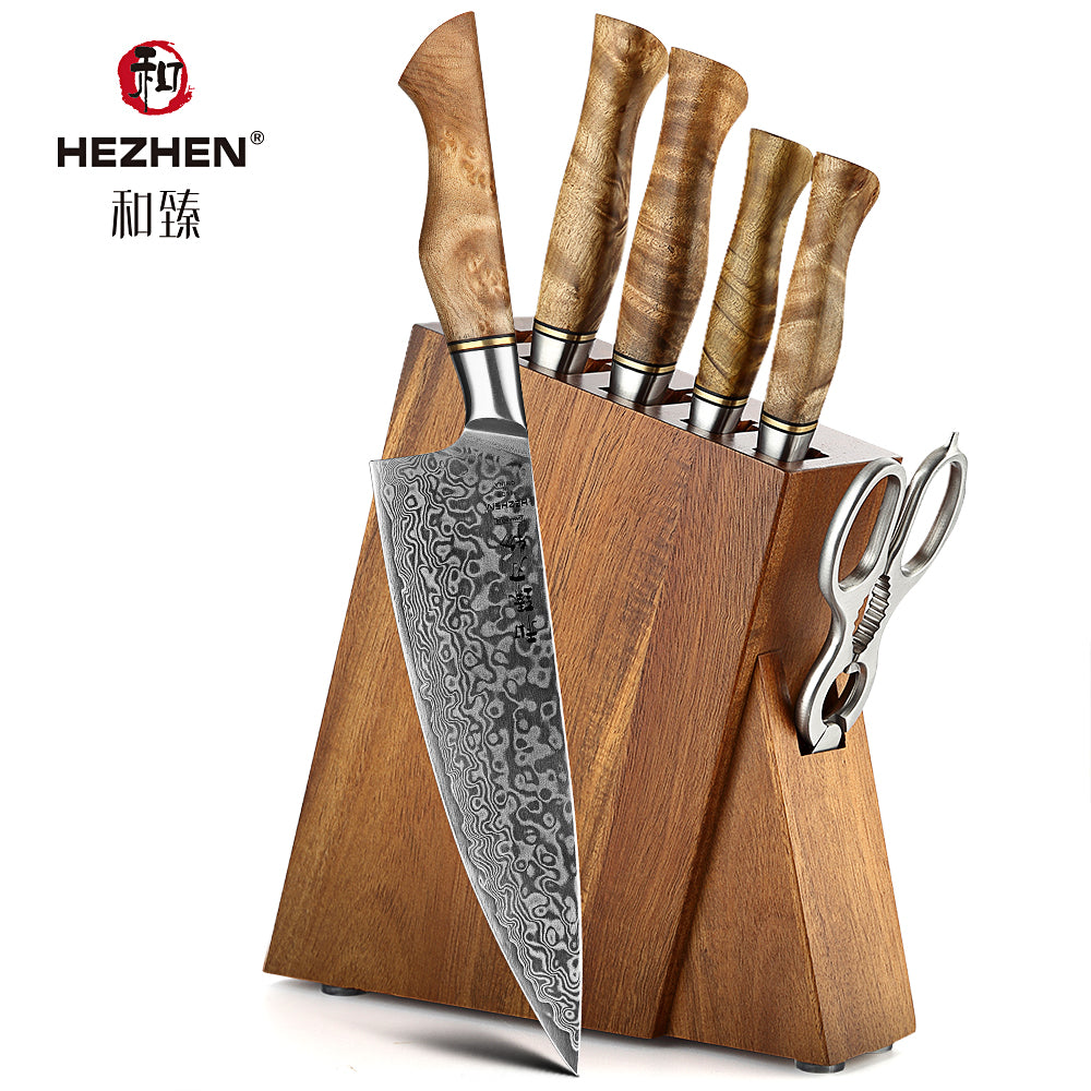 HEZHEN 7PC Knife Set Damascus Steel Chef Bread Utility Santoku Paring Cake Cook Knife For Meat Professional Kitchen Knife Set