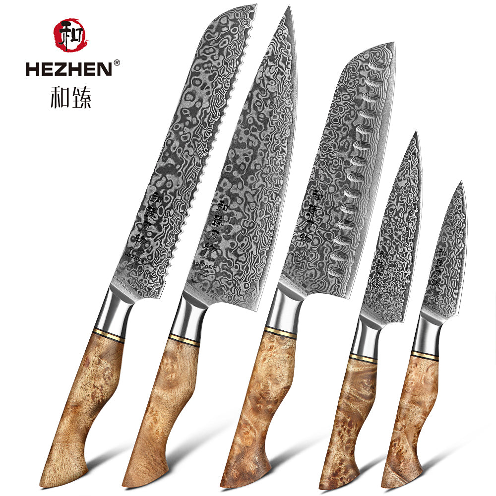 HEZHEN 5PC Kitchen Knife Set Professional Damascus Steel Chef Bread Paring Santoku Sharp Nakiri Cook Kitchen Knife