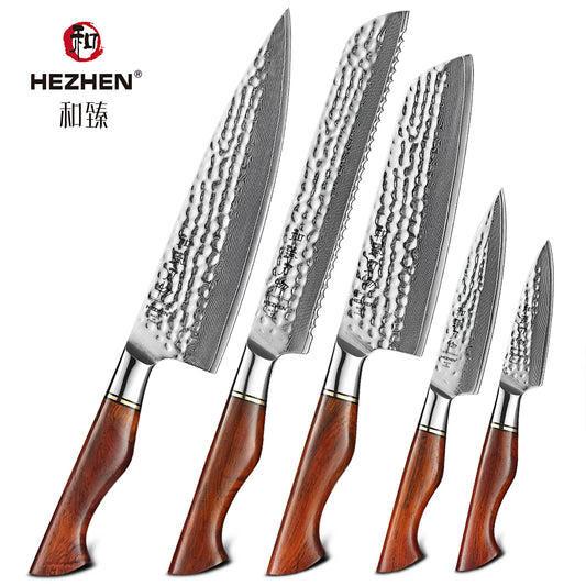 HEZHEN 5PC Kitchen Knife Set Slicing 73-Layer Powder Damascus Steel Rosewood Handle Chef Santoku Nakiri Utility knives