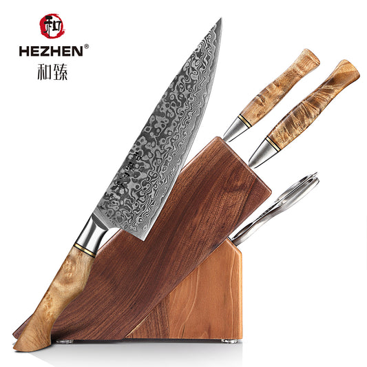 HEZHEN Master Series 5PC Knife Set 67 Layer Damascus Steel Chef Santoku Utility With Wodden Knife Holder Walnut Shears Cook