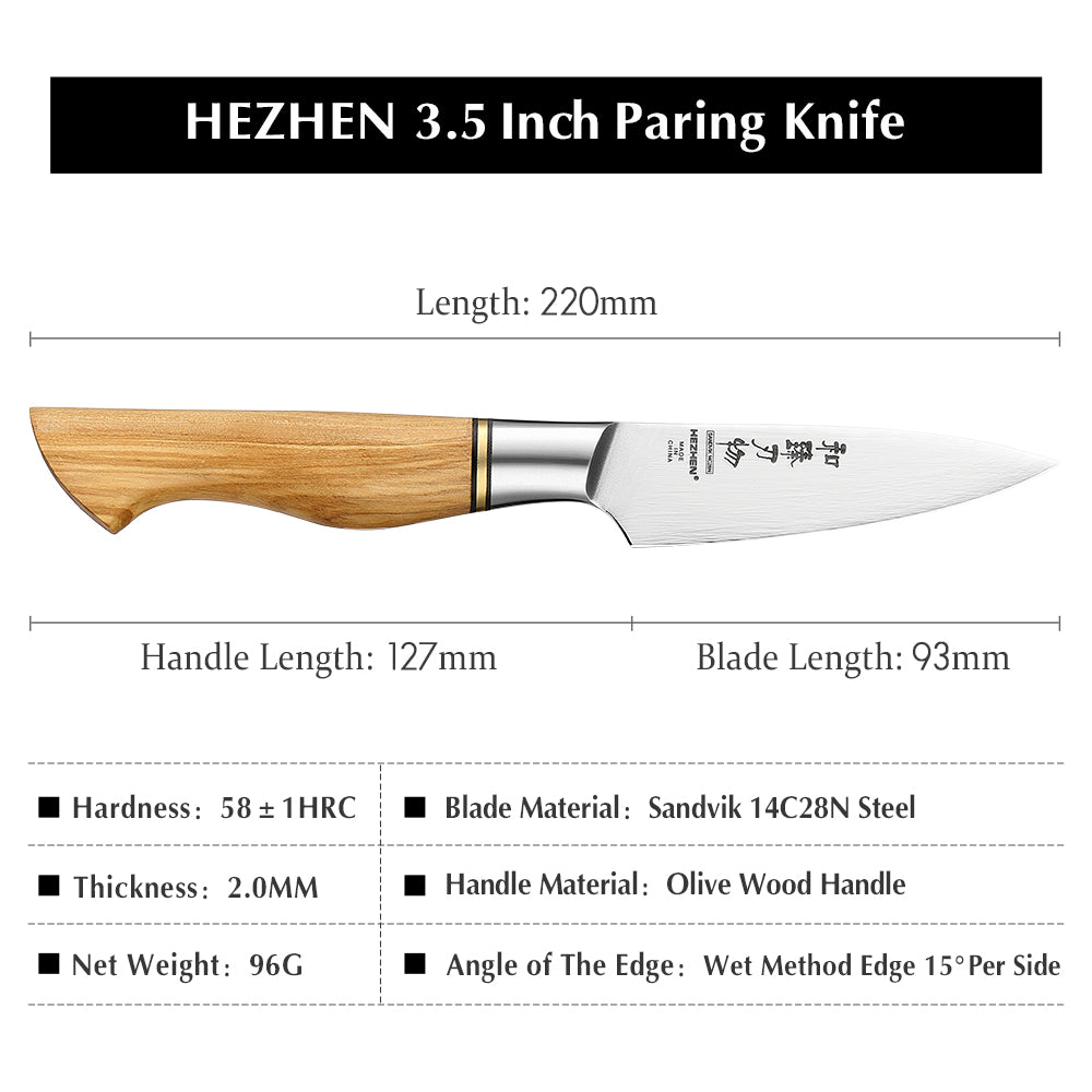 HEZHEN 3.5 Inches Paring Knife Sandvik Stainless Steel Olive Wood Handle Kitchen Knife Peeling Fruit Cooking Tools Gift Box