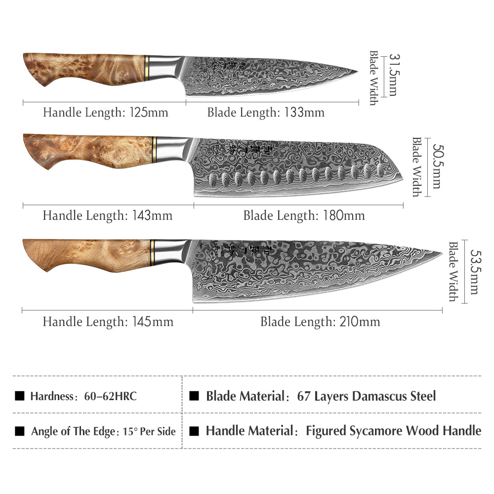HEZHEN Master Series 5PC Knife Set 67 Layer Damascus Steel Chef Santoku Utility With Wodden Knife Holder Walnut Shears Cook