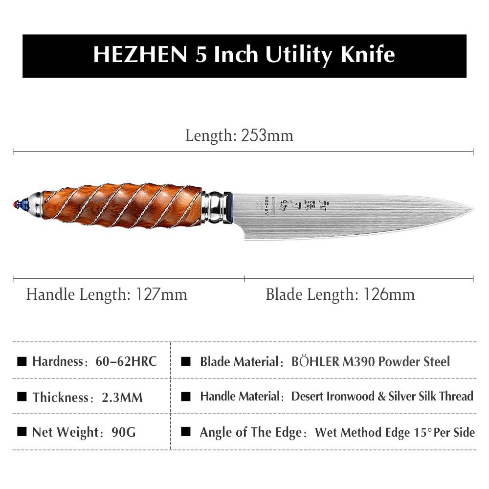 HEZHEN 5 Inches Utility Knife BÖHLER M390 Powder Steel Peeling Knife North America Desert Ironwood Handle Kitchen Knives