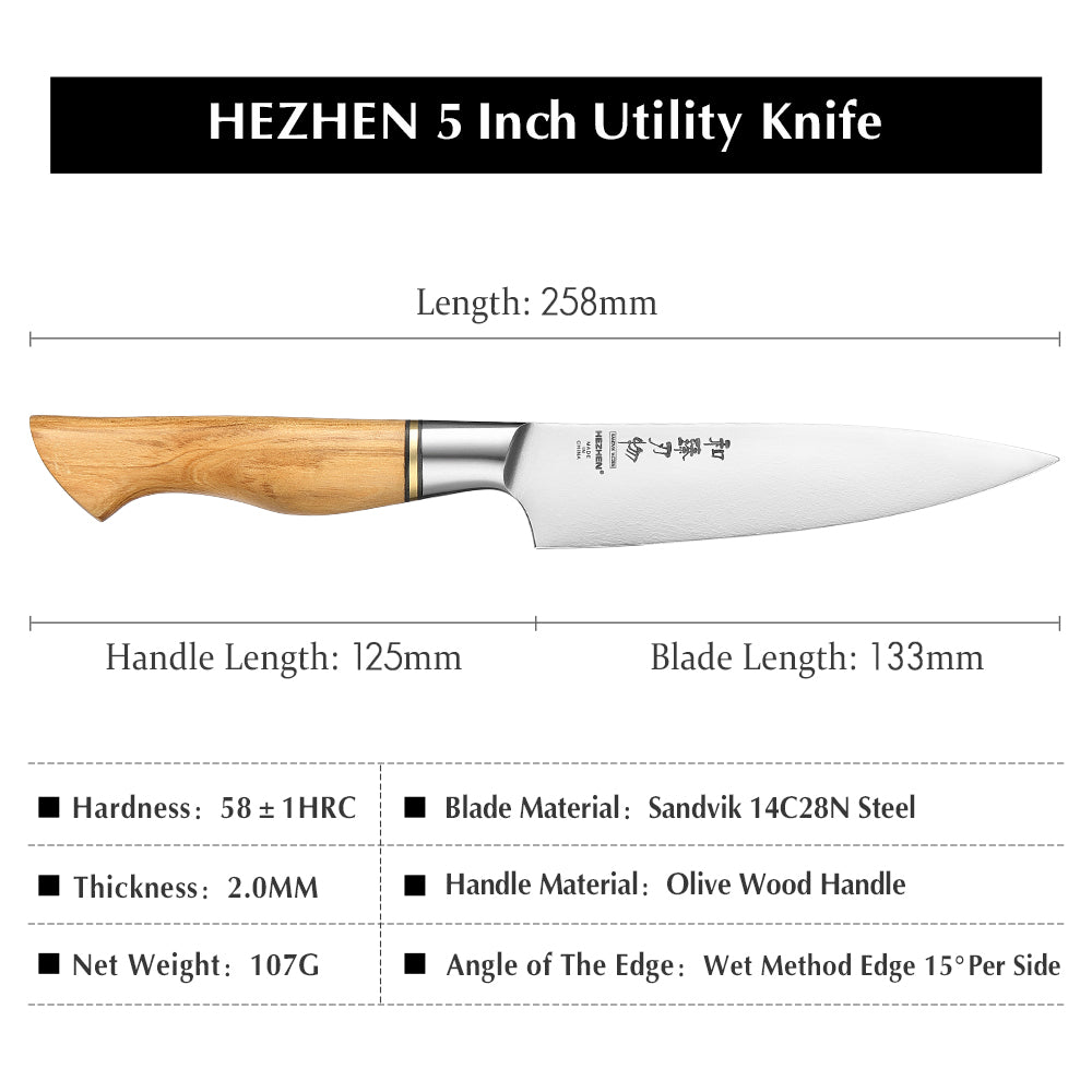 HEZHEN 5 Inches Utility Knife Sandvik Stainless Steel Olive Wood Handle Kitchen Knife Peeling Cooking Tools Gift Box