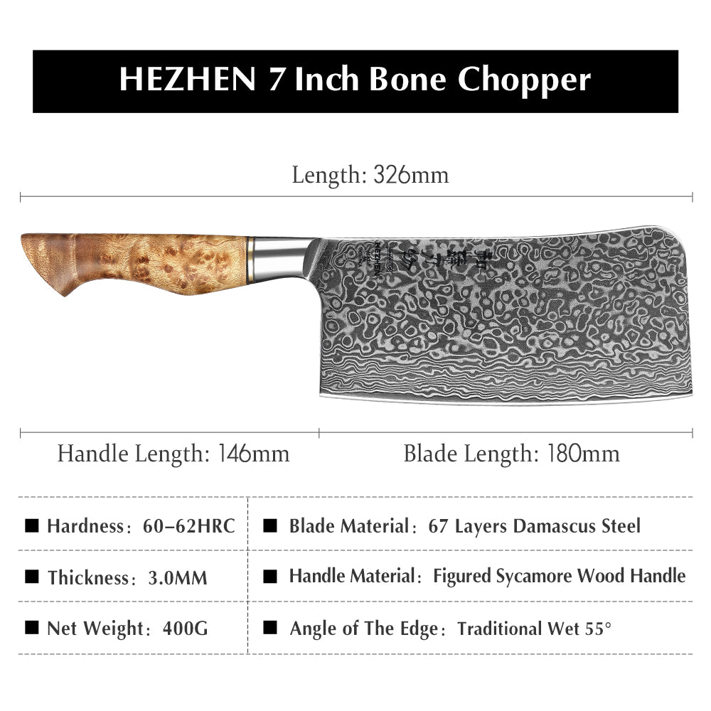 HEZHEN 7 Inch Bone Chopper Knife 67 Layers Damascus Steel Super Cook Knife Razor Sharp Japanese Blade Kitchen Chopping Knife