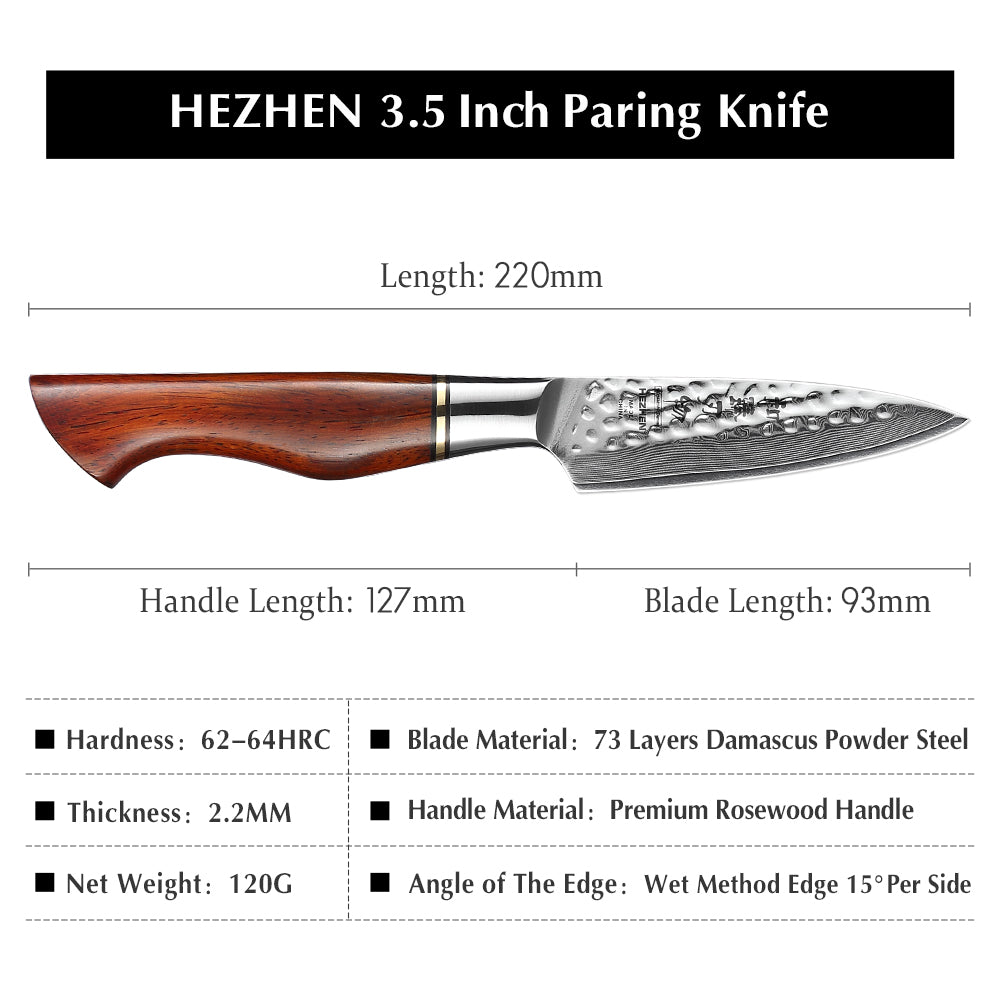 HEZHEN 3.5 Inch paring Knife 73 Layers Powder Steel Damascus Steel Natural Rosewood Handle Kitchen Accessories WIth Gift Box