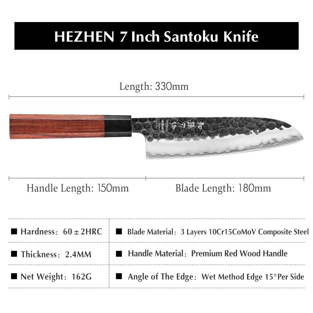 HEZHEN 7 Inches Santoku Knife Three-layer Composite Steel Stainless Steel Kitchen Cooking Knives Rosewood Handle With Gift Box
