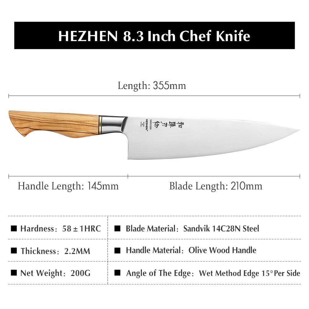 HEZHEN 8.3 Inches Chef Knife Sandvik Stainless Steel Olive Wood Handle Kitchen Knife Cooking Tools Gift Box