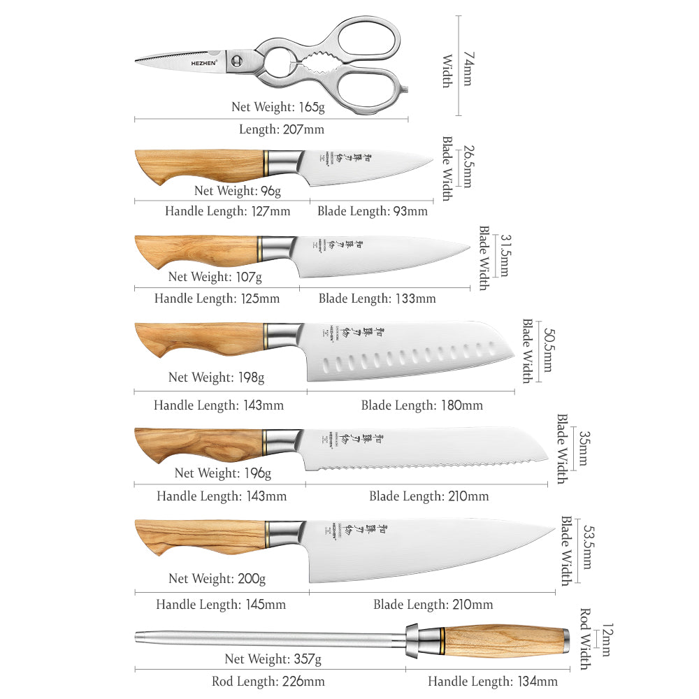HEZHEN 8PC Kitchen Knife Set Walnut Shears Knife Holder Block Sandvik Steel Chef Bread Cook Knives