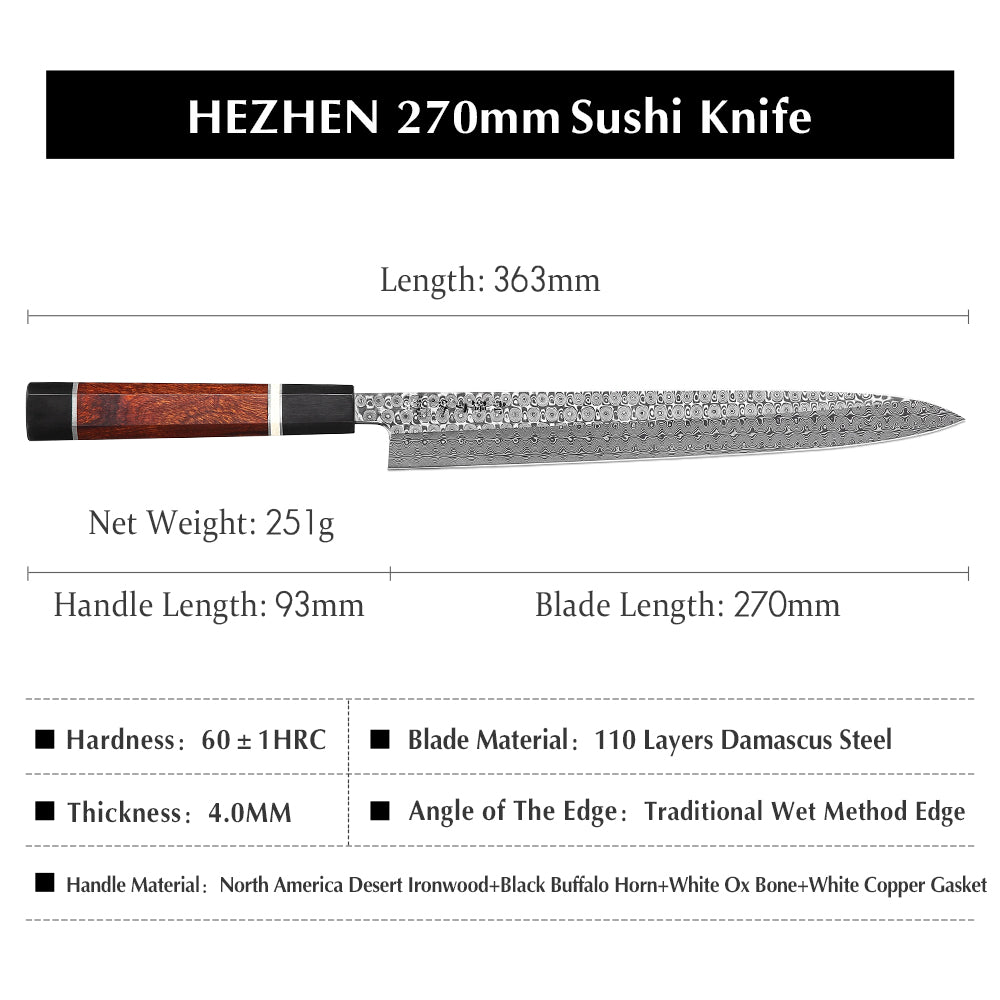 HEZHEN Retro Series 270mm Sashimi Knife Damascus Steel Sushi Japanese Filletting Kitchen Tool Sharp Salmon Cook Knives