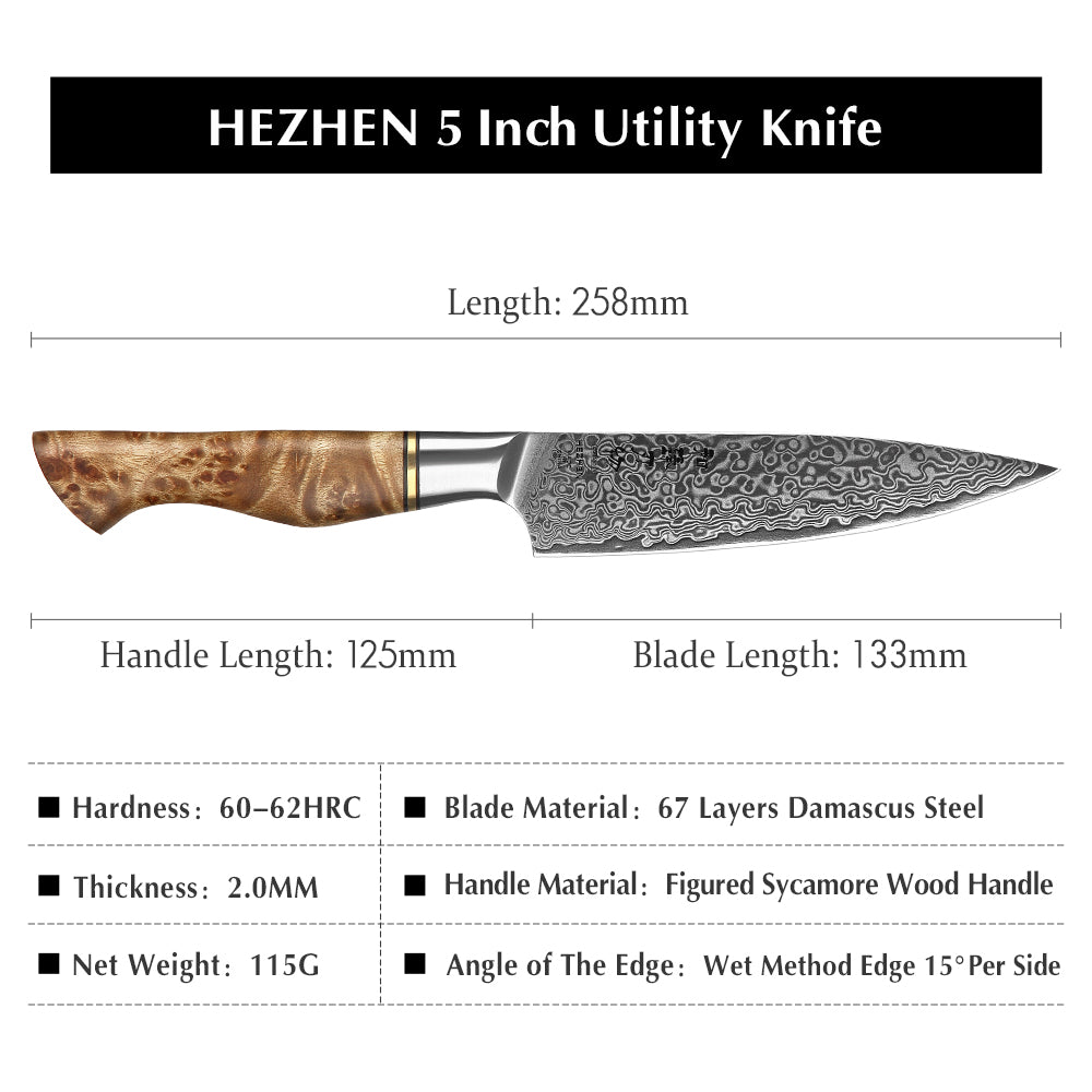 HEZHEN 5 inch Utility Knife Real 67 Layer Damascus Super Steel Super Cook Knife Pretty Peeling Knife Super Sharp Kitchen Knife
