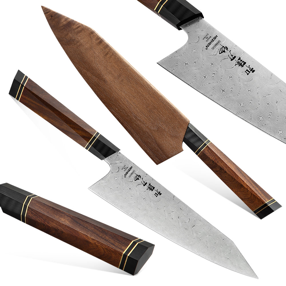 HEZHEN Retro Series 3PC Knife Set 110 Layer Damascus Steel Chef Knives  Nakiri Utility Cook Tools Slicing Kiritsuke Wooden Box