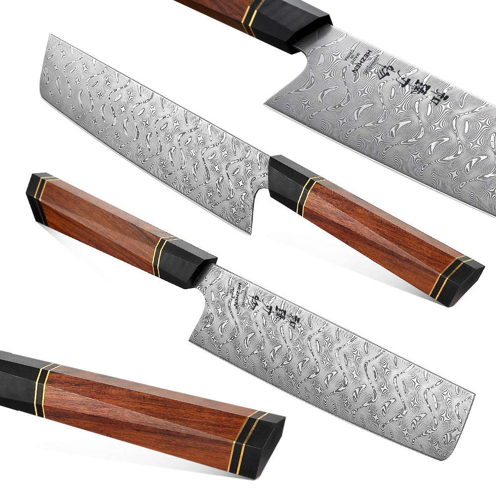 HEZHEN Retro Series 3PC Knife Set 110 Layer Damascus Steel Chef Knives Nakiri Utility Cook Tools Slicing Kiritsuke Wooden Box