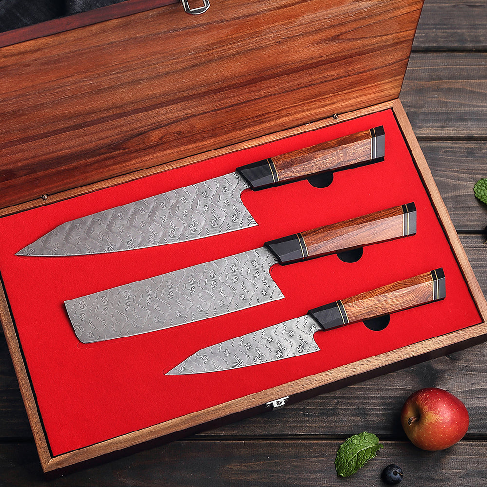 HEZHEN Retro Series 3PC Knife Set 110 Layer Damascus Steel Chef