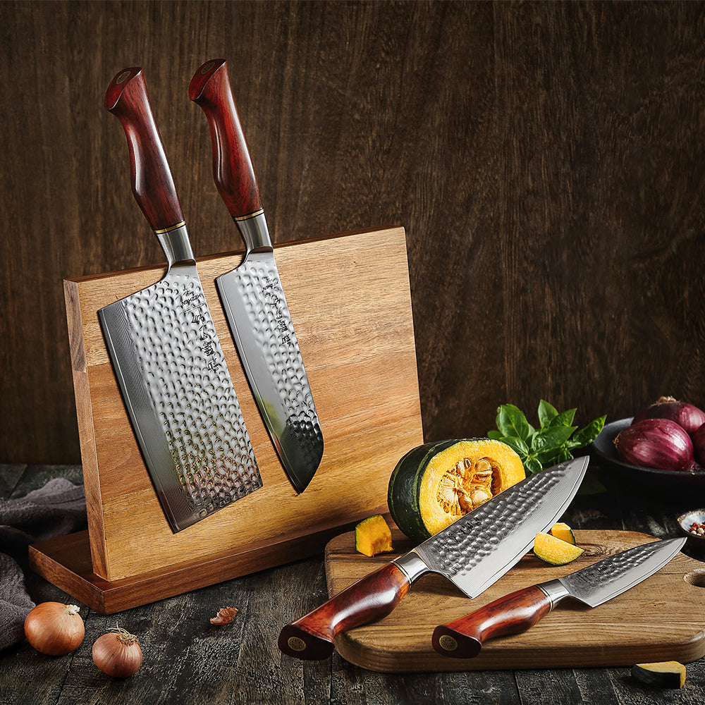 HEZHEN 5PC Kitchen Knife Set 73-Layer Powder Damascus Steel Chef Santoku cleaver Utility knives Magnetic Knife Holder