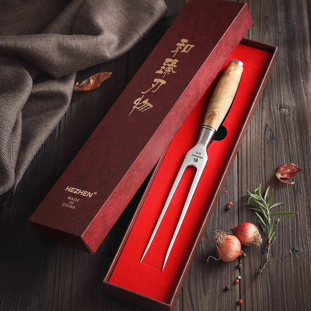 HEZHEN Master Forge Carving Fork Meat Fork 430 Stainless Steel Outdoor Barbecue Utensils Kitchen Tools Beautiful Gift Box