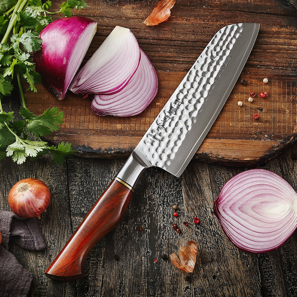 HEZHEN 7 Inches Santoku Knife 73 Layers Powder Steel Damascus Steel Natural Rosewood Handle Kitchen Cook Accessories