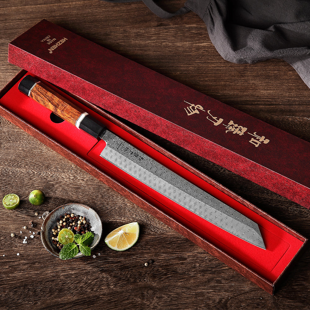 HEZHEN Retro 270mm Bunka Knife Damascus Steel Sushi Japanese Filletting Kitchen Tool Sharp Salmon Cooking Chef Leather Sheath