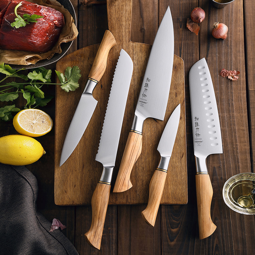 HEZHEN 5PC Knife Set Kitchen Tools Chef Santoku Bread Utility Paring Stainless Steel Knives Cooking Tools