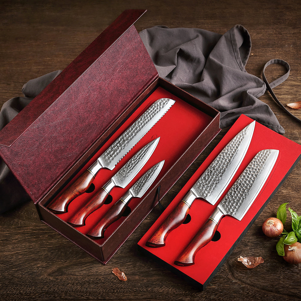 HEZHEN 5PC Kitchen Knife Set Slicing 73-Layer Powder Damascus Steel Rosewood Handle Chef Santoku Nakiri Utility knives