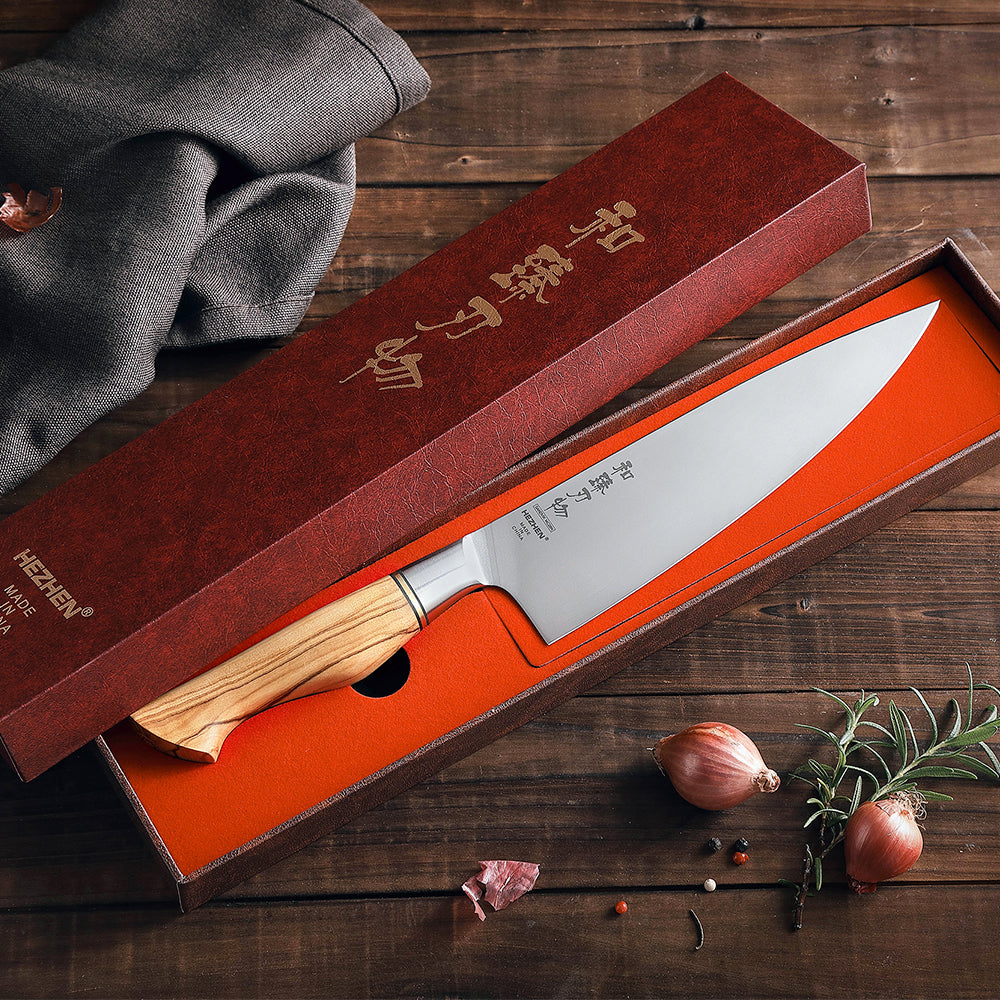 HEZHEN 8.3 Inches Chef Knife Sandvik Stainless Steel Olive Wood Handle Kitchen Knife Cooking Tools Gift Box