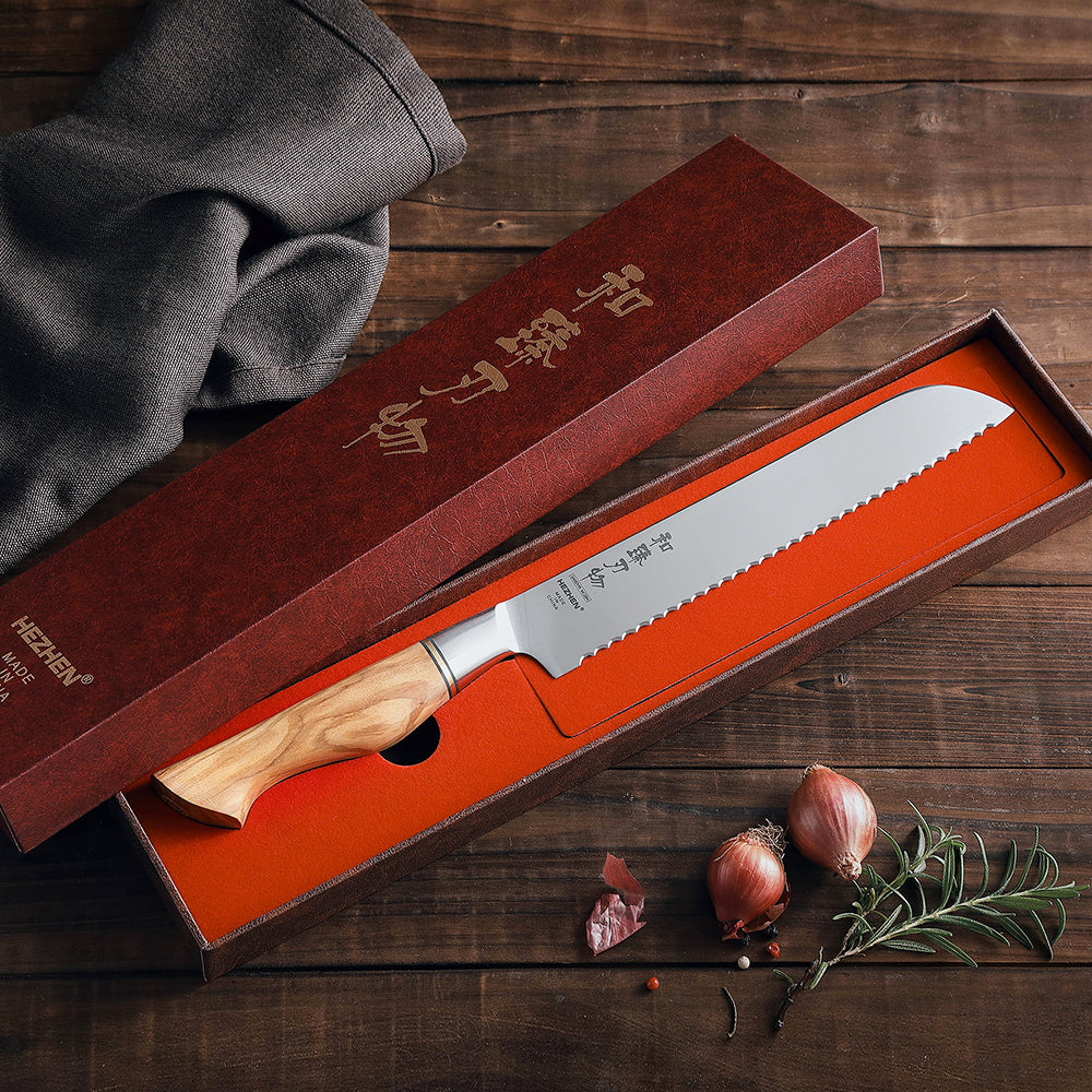 HEZHEN 8.5 Inches Bread Knife Sandvik Stainless Steel Olive Wood Handle Kitchen Knives Sliced Watermelon Cooking Tools Gift Box
