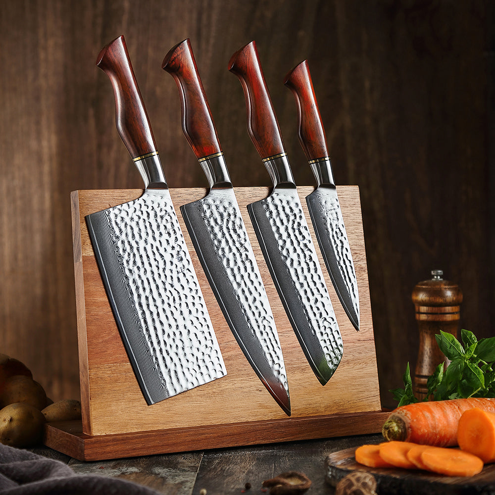 HEZHEN 5PC Kitchen Knife Set 73-Layer Powder Damascus Steel Chef Santoku cleaver Utility knives Magnetic Knife Holder