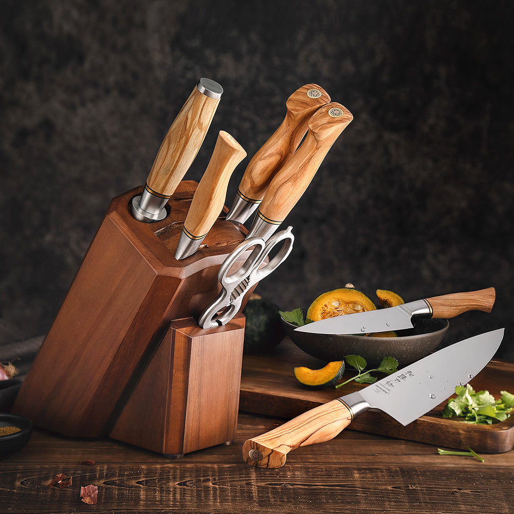HEZHEN 8PC Kitchen Knife Set Walnut Shears Knife Holder Block Sandvik Steel Chef Bread Cook Knives