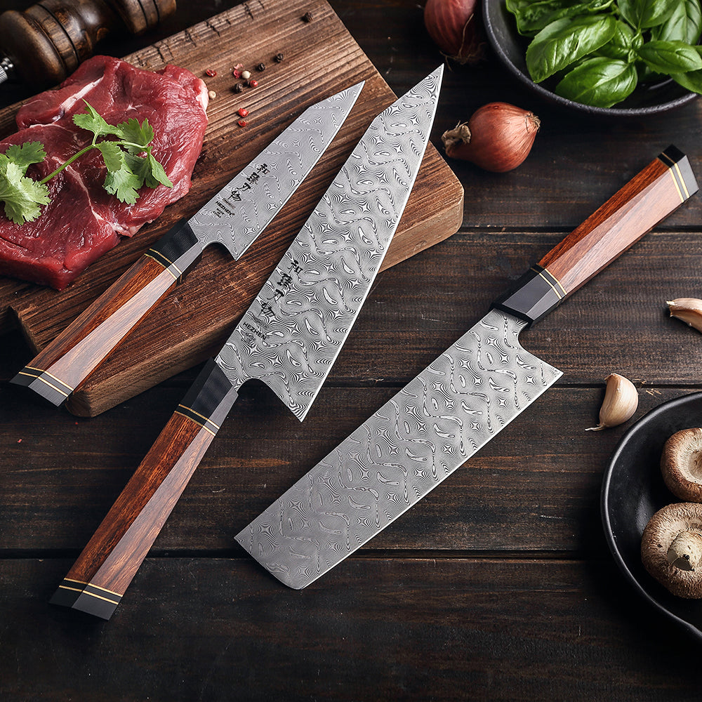 3pcs Kitchen Knife Set Damascus Steel Japanese Santoku Knife Chef Wooden Box